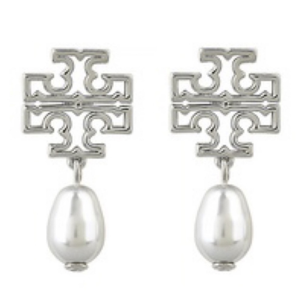 TORY BURCH • Silver Britten Logo Pearl Drop Earrings